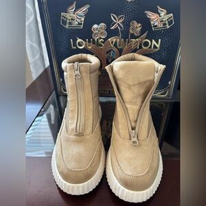 White Mountain Tan Suede Ankle Booties with White Sole